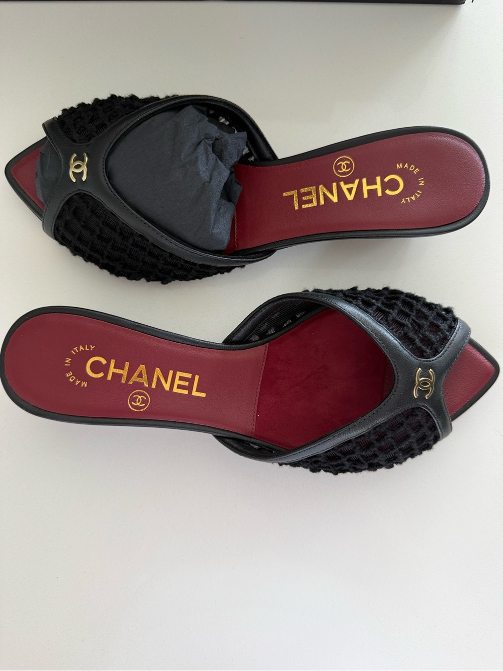 CHANEL Black Mesh & Leather Slide Mules with Gold CC with receipt - Size 36C - Picture 4 of 6